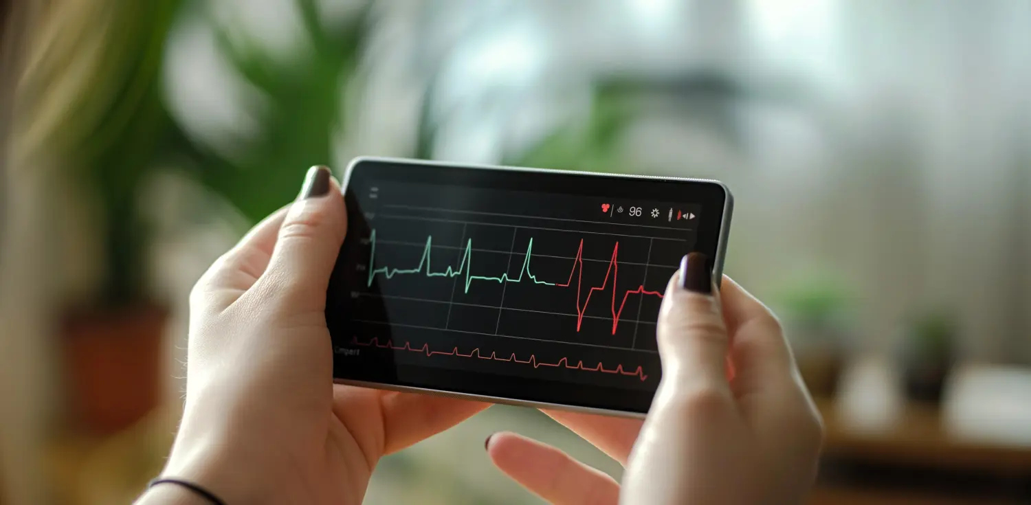 Nahaufnahme von Händen, die einen digitalen Herzmonitor mit Herzfrequenzmesser-App halten, der den EKG-Wert anzeigt.